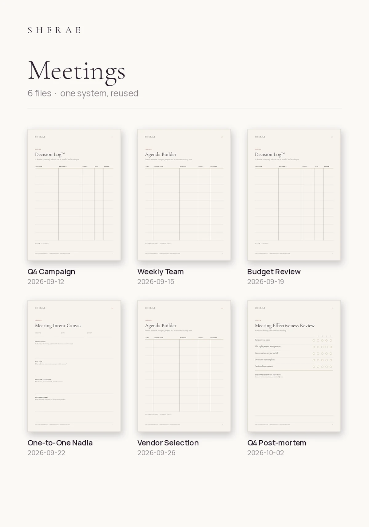 A folder on an iPad holding six saved meeting files, each named by meeting and date.