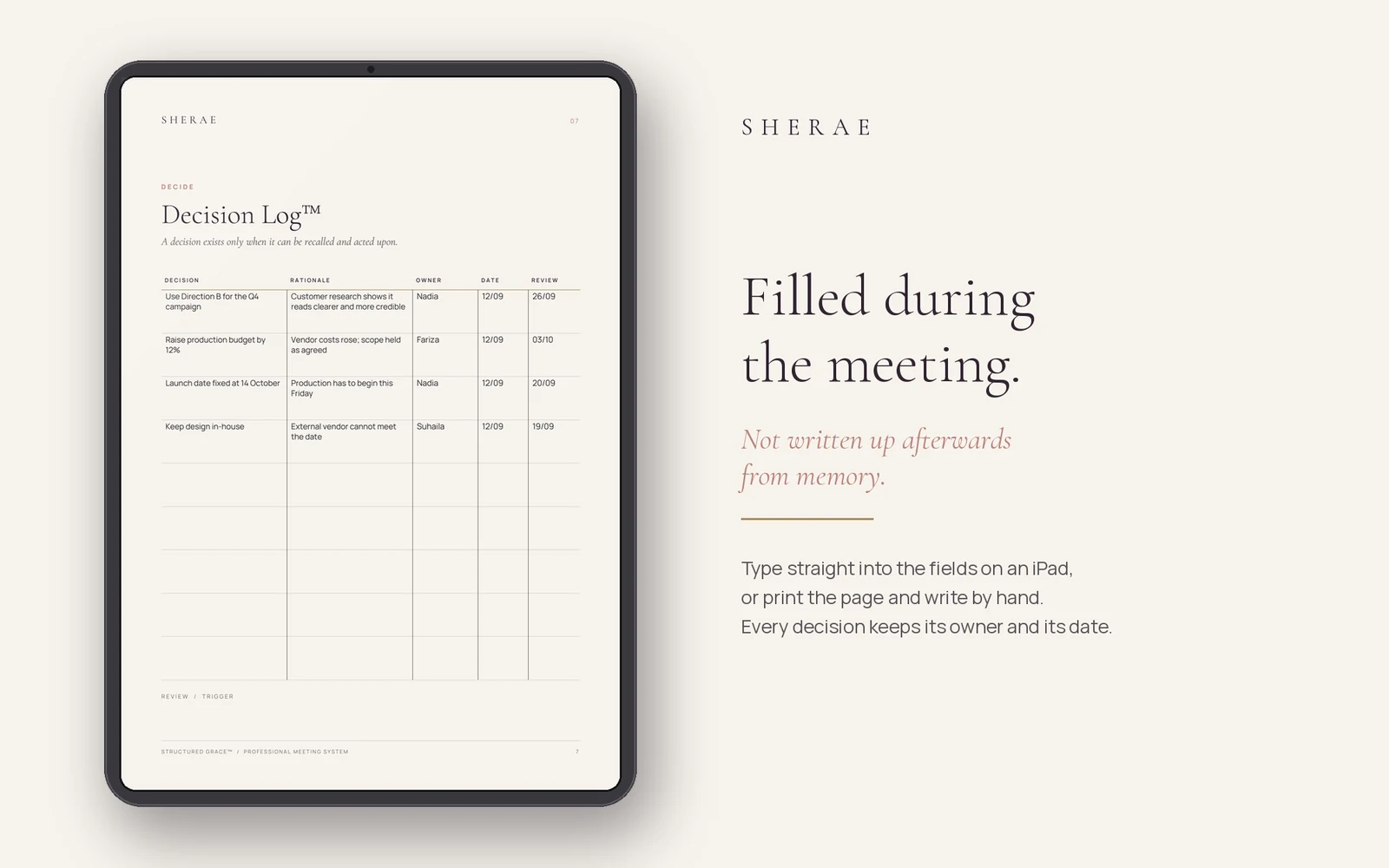 The SHERAE Decision Log open on an iPad, filled in during a meeting with decisions, owners and dates.