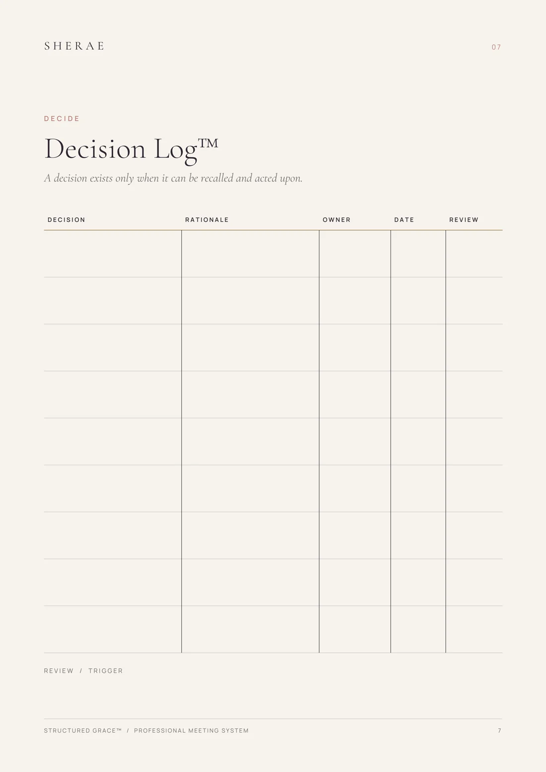 The Decision Log™ page from Professional Meeting System™