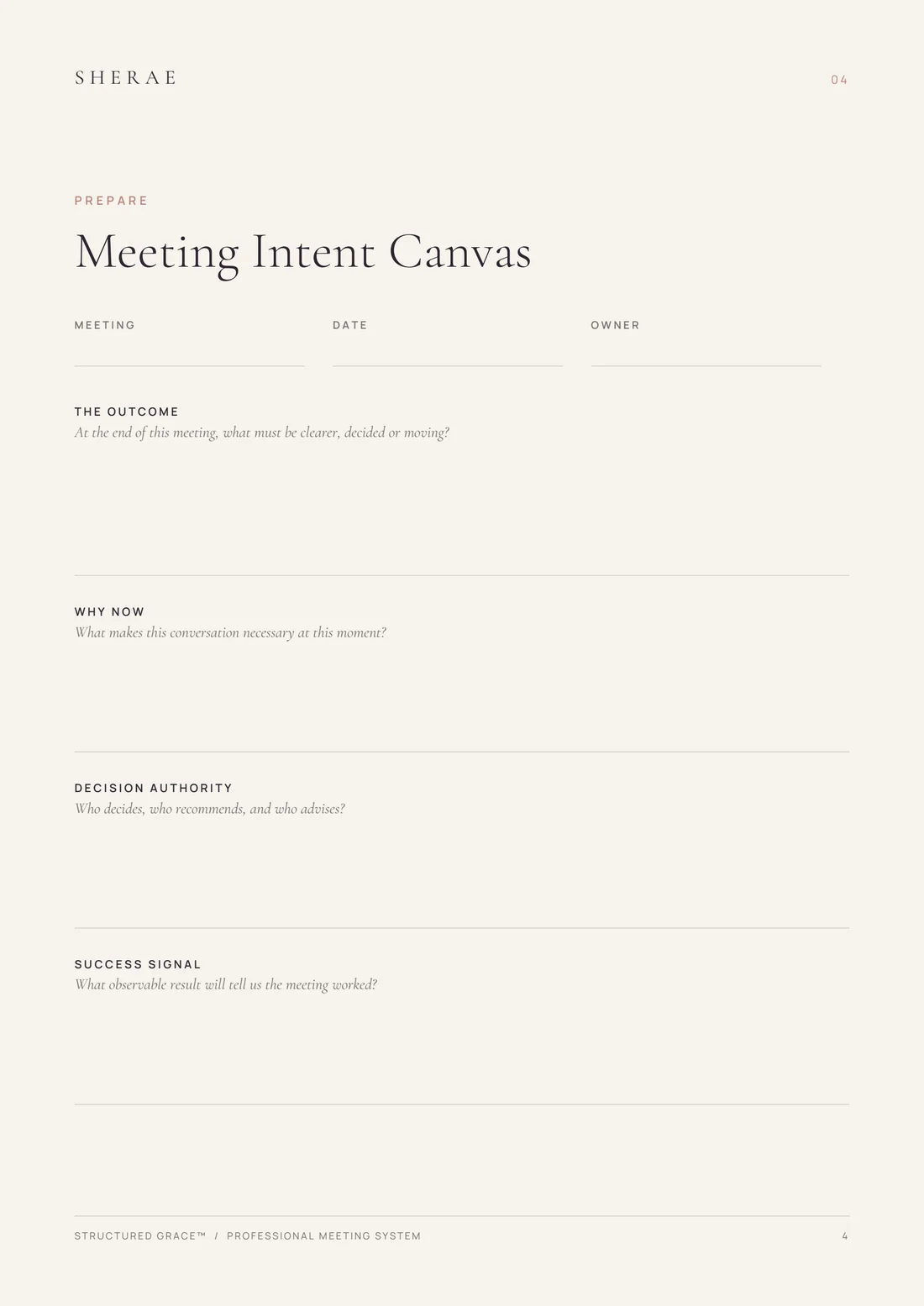 The Meeting Intent Canvas page from Professional Meeting System™